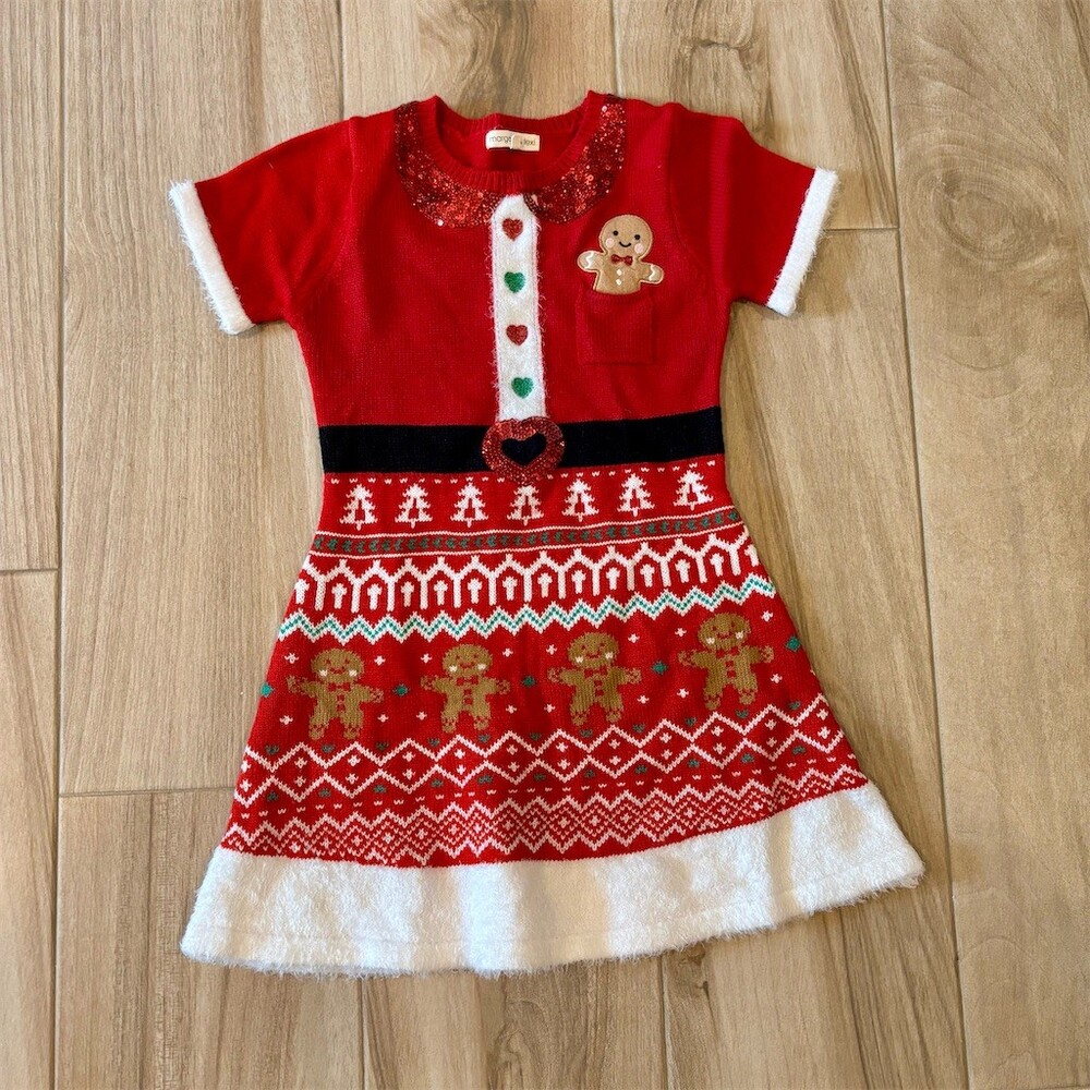 Margaux & Lexi Girls Sweater Dress Red Gingerbread Santa Christmas 10/12